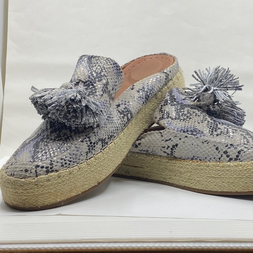 gentle souls Gray Snake-Print Tassel Espadrille Mules